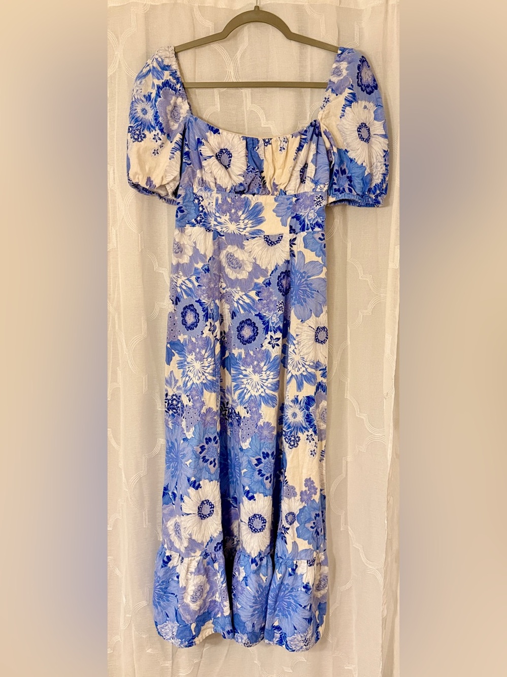 London Times Size 2 Blue White Floral Puff Sleeve Midi Dress
